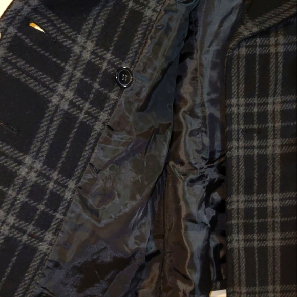 Giacca Plaid Black & Gray Wool Blend Military Style Peacoat - Picture 5 of 7